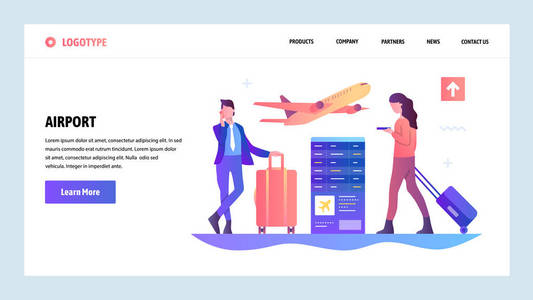 矢量网站梯度设计模板。机场航站楼和乘客等待航班。用于网站和移动开发的着陆页概念。现代平的例证