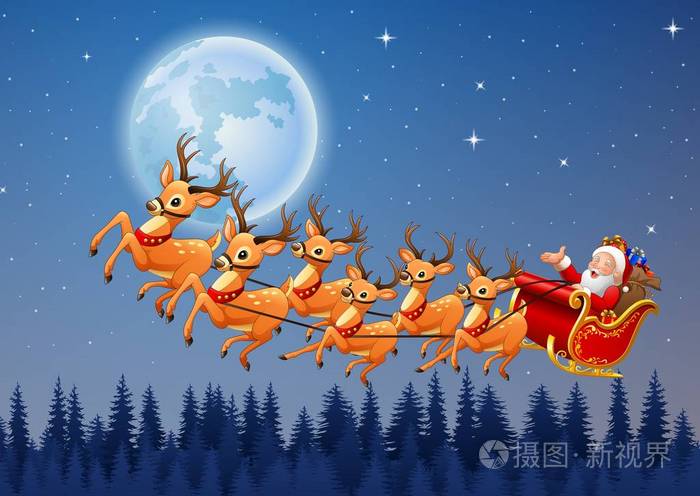 圣诞老人乘坐驯鹿雪橇在天空飞翔