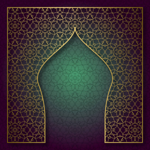 传统图案的背景与金色拱形框架在东方传统风格中设置拱形图案框架
