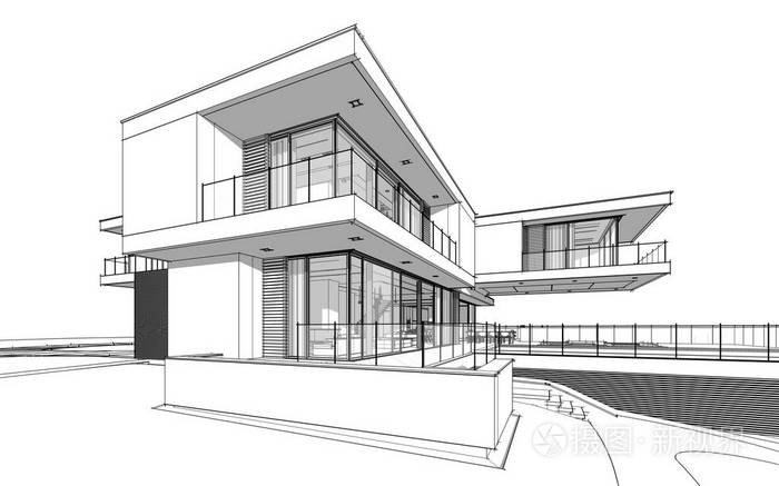 3d在河边用车库进行出售或出租绘制现代舒适住宅的草图