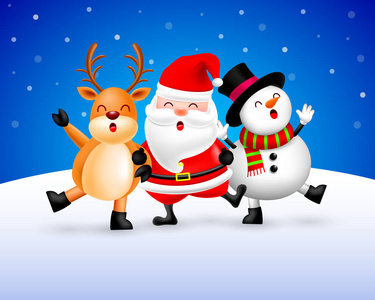 有趣的圣诞人物设计在雪背景, 圣诞老人, 雪人和驯鹿。圣诞快乐, 新年快乐理念。在蓝色背景被隔绝的例证