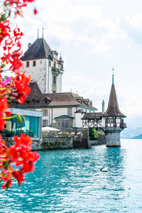 美丽的建筑学在 Oberhofen 城堡与图恩湖背景在瑞士