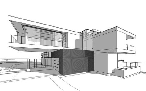 在河边用车库进行出售或出租, 绘制现代舒适住宅的草图.
