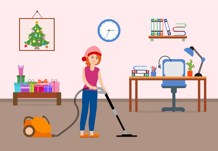 新年快乐2019和圣诞节向量例证。女孩打扫和装饰房间的假期