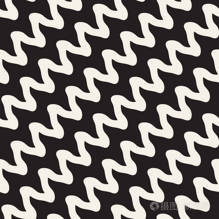 手绘之字形斜波浪条纹.矢量无缝黑色和白色花纹