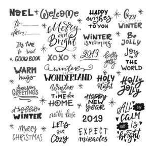 向量冬天文字。手绘短语和引号。圣诞快乐。新年快乐, 2019年。横幅贺卡礼品标签等的版式