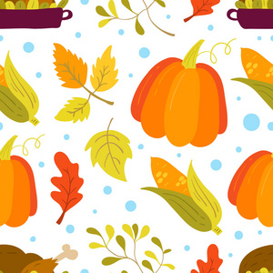 向量无缝的样式与南瓜, 玉米, 火鸡和橡树叶在白色背景。完美的壁纸, 礼品纸, 秋季贺卡。感恩节背景