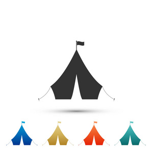 旅游帐篷与标志图标隔离在白色背景。在彩色图标中设置元素。扁平设计。矢量插图