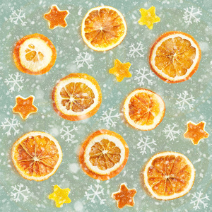 圣诞节背景的干橙子, 剥离在一个明星的形状。无缝的背景