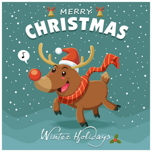 老式的圣诞节海报设计以驯鹿字符