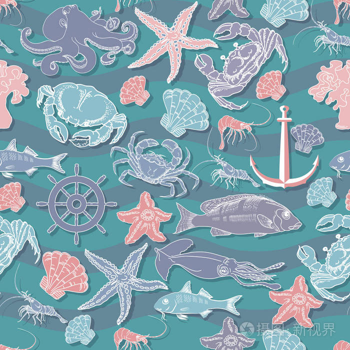 无缝图案海洋主题鱼虾螃蟹掌舵贝壳海星鱿鱼章鱼锚复古水下图案在海蓝