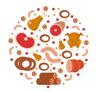 肉和香肠的图标设置在圆形，扁平，卡通风格。孤立在白色背景上。制品 食品等。矢量图