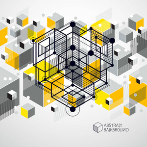 线条和形状抽象向量等距3d 黄色背景。发动机或工程机械的抽象方案。多维数据集六边形正方形矩形和不同抽象元素的布局