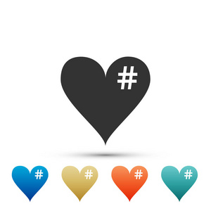 哈希爱图标。在白色背景上隔离的 hashtag 心脏符号图标。在彩色图标中设置元素。扁平设计。矢量插图