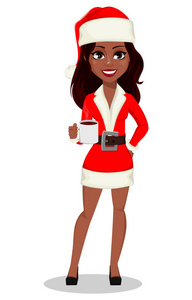 穿着圣诞老人服装的非洲裔美国妇女, 可用于着陆页贺卡等.