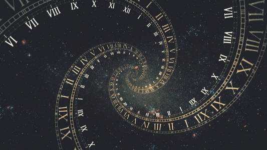 时间相对论时间空间的构成, 在罗马钟表的螺旋中的空间飞行3d 例证