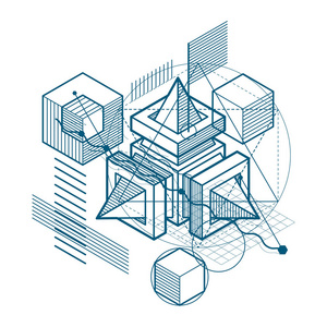 线条和形状的抽象矢量等距 3d 背景。多维数据集 六角形 正方形 矩形和不同的抽象元素的布局