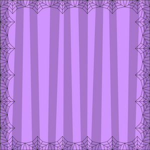 条纹紫色方形背景与逗人喜爱的垂直条纹框架与蜘蛛蛛网。矢量背景, 传单, 万圣节请柬或贺卡模板与文本的空白复制空间