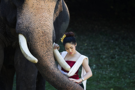 美丽农村泰国女子肖像穿泰国大象在泰国清迈