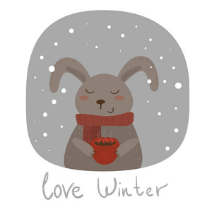 爱冬天卡与兔子和杯