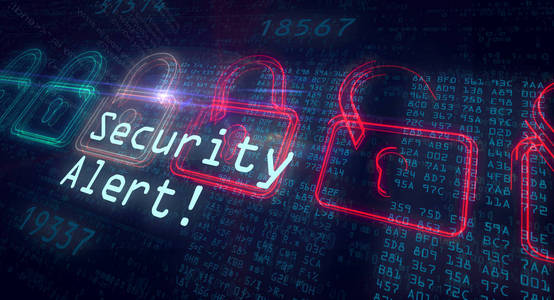 安全警报和互联网安全。数字背景上的红色和绿色挂锁