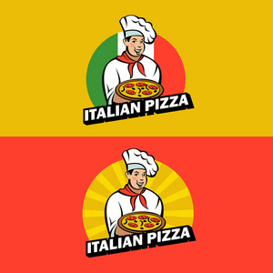 意大利厨师拿着美味的比萨饼。比萨店的矢量徽标