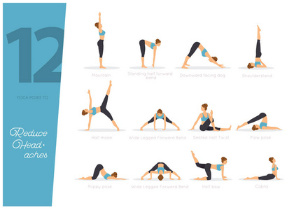 12个瑜伽姿势的矢量图, 以减少头痛