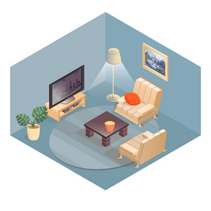 客厅用品和家具等距图标。舒适的客房配有电视扶手椅白色内饰和桌子。详细的对象。向量平样式3d 例证。室内设计