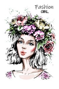 手绘美丽的森林女孩在花环。年轻女子看起来像个仙女干衣。时尚女性肖像。素描