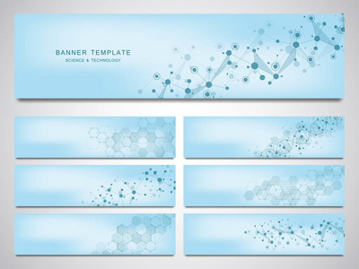 具有分子背景和神经网络的大集矢量横幅和标头。基因工程或实验室研究。医学科技设计摘要背景