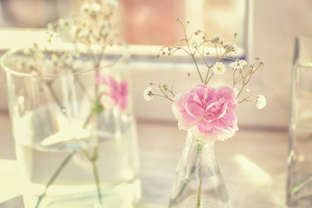 窗台上美丽的粉红色花花瓶