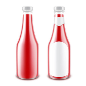 矢量集的玻璃光泽红番茄番茄酱瓶坯的品牌没有在白色背景上的标签