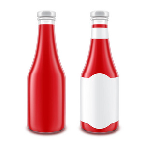 品牌没有与孤立的白色背景上的白色标签空白玻璃红番茄番茄酱瓶一套