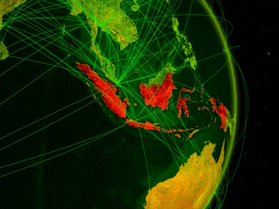 印尼在数字地球上的网络。连接旅行和通信的概念。3d 插图。美国宇航局提供的这张图片的元素