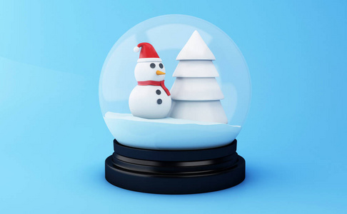 雪地球与圣诞树和雪人.圣诞节假期概念照片