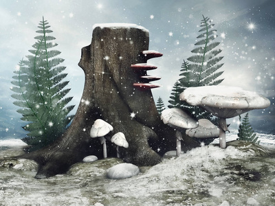冬天的场景, 在雪堆的草地上有一棵树蘑菇和蕨类植物。3d 渲染