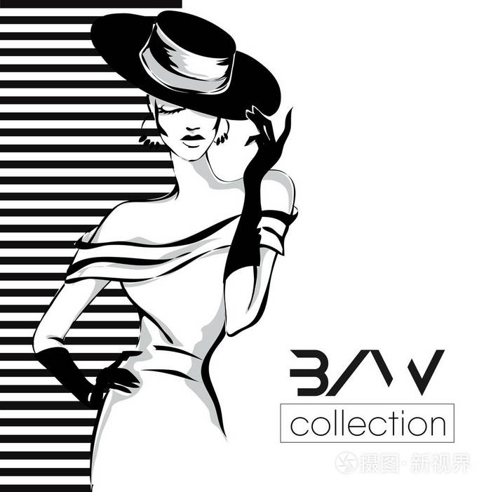 黑色和白色时尚女人模型与精品标志背景.手绘制的矢量