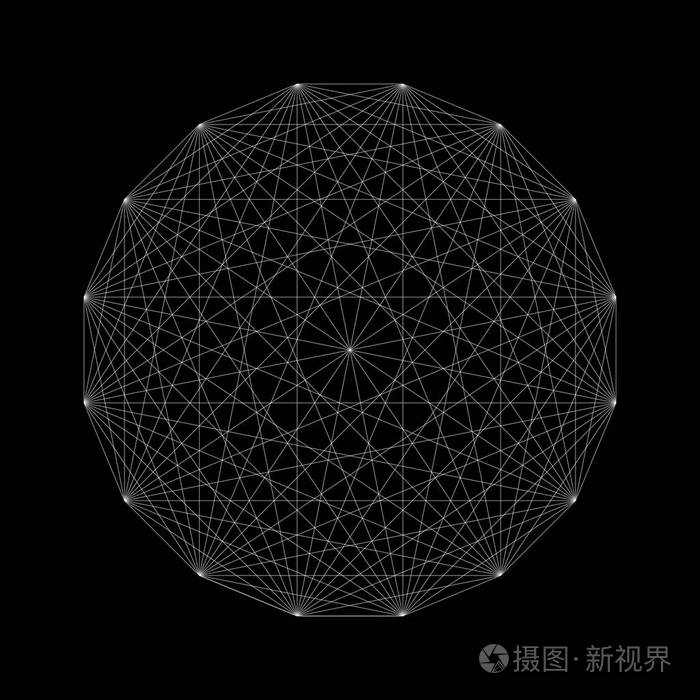 矢量白线单色弦设计曼陀罗神圣几何学插图隔离在黑色背景插画 正版商用图片0thlj5 摄图新视界