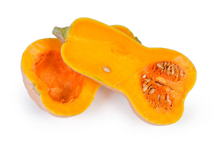 成熟的黄橙色奶油南瓜在白色背景的两半