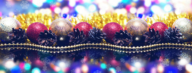 节日圣诞节背景与圣诞球, bokeh, 发光