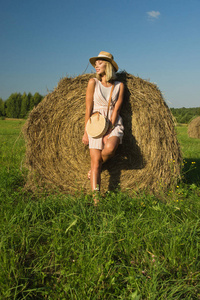 美丽的年轻女孩在干草堆在夏季领域