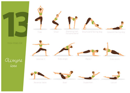 13个瑜伽姿势的向量例证为重量损失