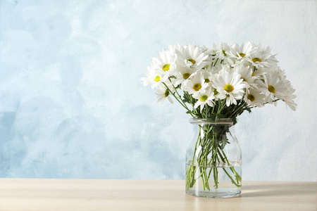 花瓶与美丽的洋甘菊花在桌子上反对颜色背景。文本的空间