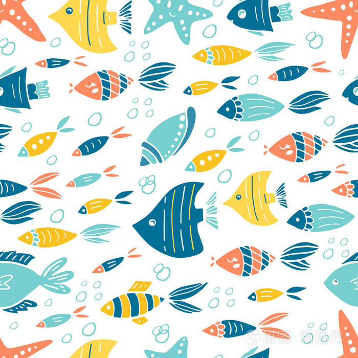 矢量水下世界无缝模式.手绘元素鱼, 海星.水下世界插图.海洋生物插画-