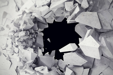 3d 渲染,爆炸,开裂混凝土墙,弹孔,破坏,抽象背景照片