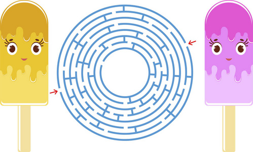 五颜六色的圆形迷宫与一个可爱的卡通人物.