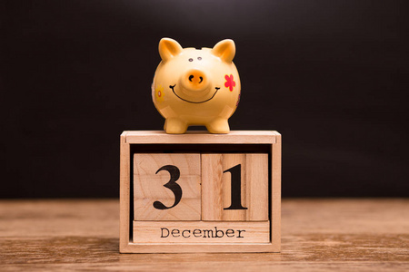 财政年度结束的日历日期, 12月31日, 在黑暗的背景下, 在存钱罐, 有