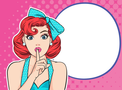 消息女人用手指在嘴唇上, 沉默的手势, 流行艺术风格的女人横幅, 闭嘴