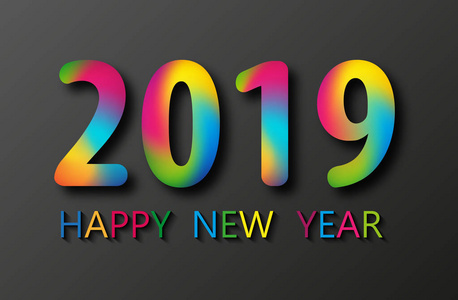 2019年快乐新年卡片设计在黑色背景。向量愉快的新年问候例证与有色的2019年数字。epps 10
