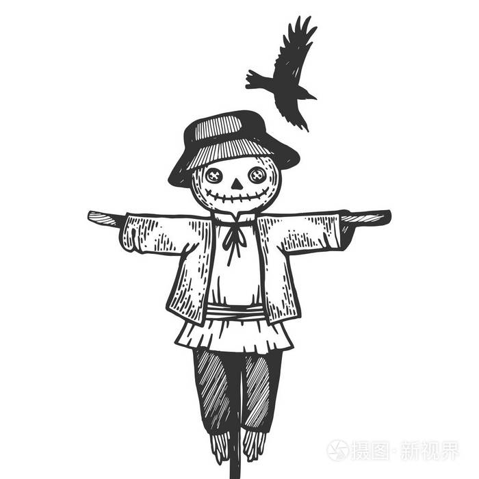 农场农村稻草人用飞鸟雕刻向量例证.划痕板式模仿.黑白手绘图像